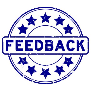 Grunge mavi geribildirim yıldız simgesi ile yuvarlak lastik mühür damgası