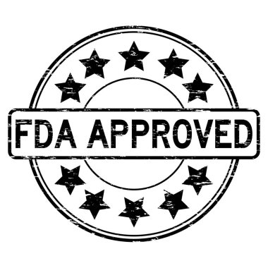 Grunge siyah Fda onaylı lastik mühür damgası beyaz arka plan üzerinde yuvarlak yıldız simgesi ile