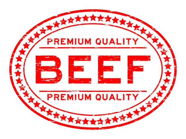 Grunge piros prémium minőségű marhahús ovális gumibélyegző — Stock Vector