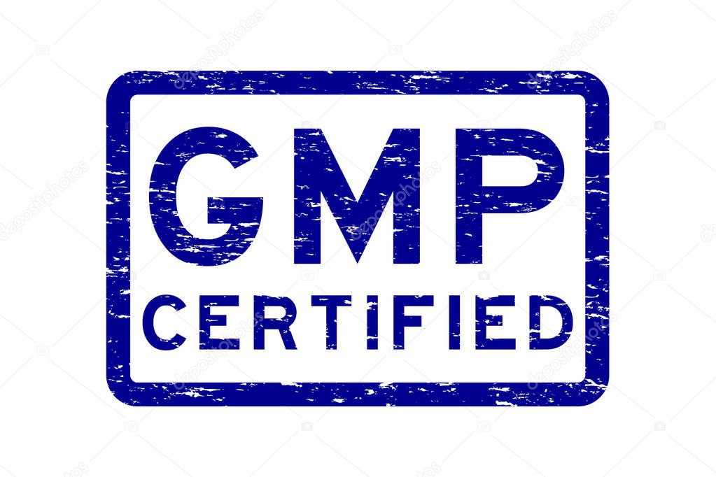 Grunge blue GMP (Good Manufacturing Practices) certified square rubber stamp 