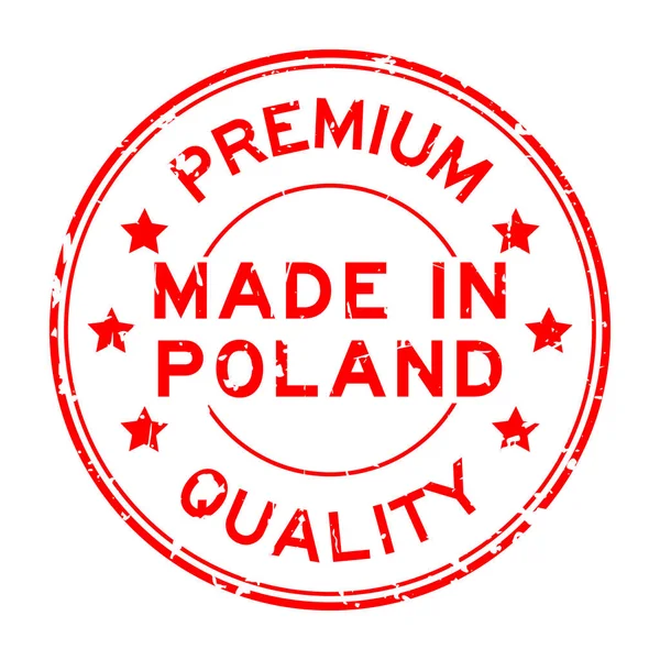 Grunge qualità premium rosso fatto in Polonia timbro guarnizione di gomma rotonda su sfondo bianco — Vettoriale Stock