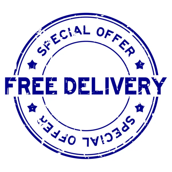 Grunge azul oferta especial de entrega gratuita redonda selo de borracha no fundo branco — Vetor de Stock