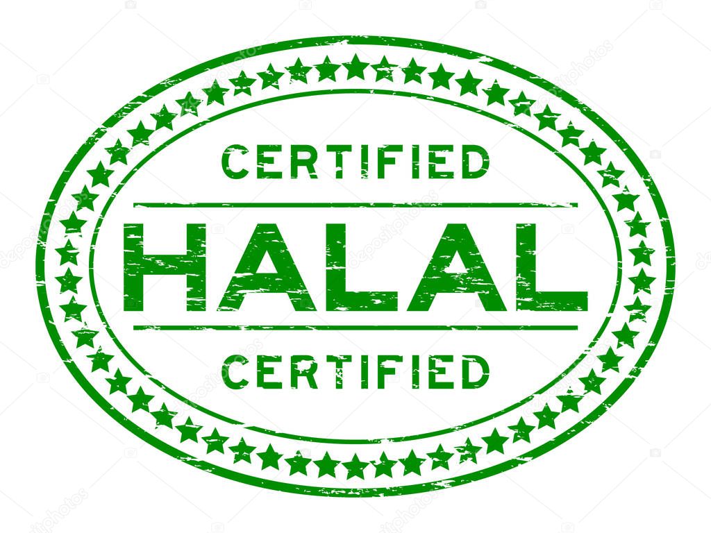 Grunge green halal certified oval rubber seal stamp on white background