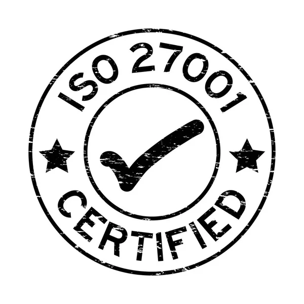 Grunge siyah ISO 27001 yuvarlak lastik mühür damgası beyaz arka plan üzerinde sertifikalı