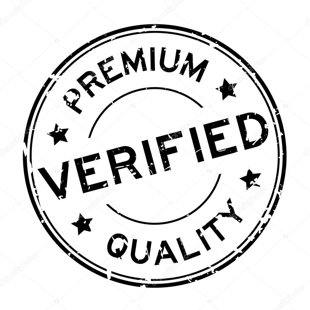 Grunge black premium quality verified round rubber seal stamp on white background