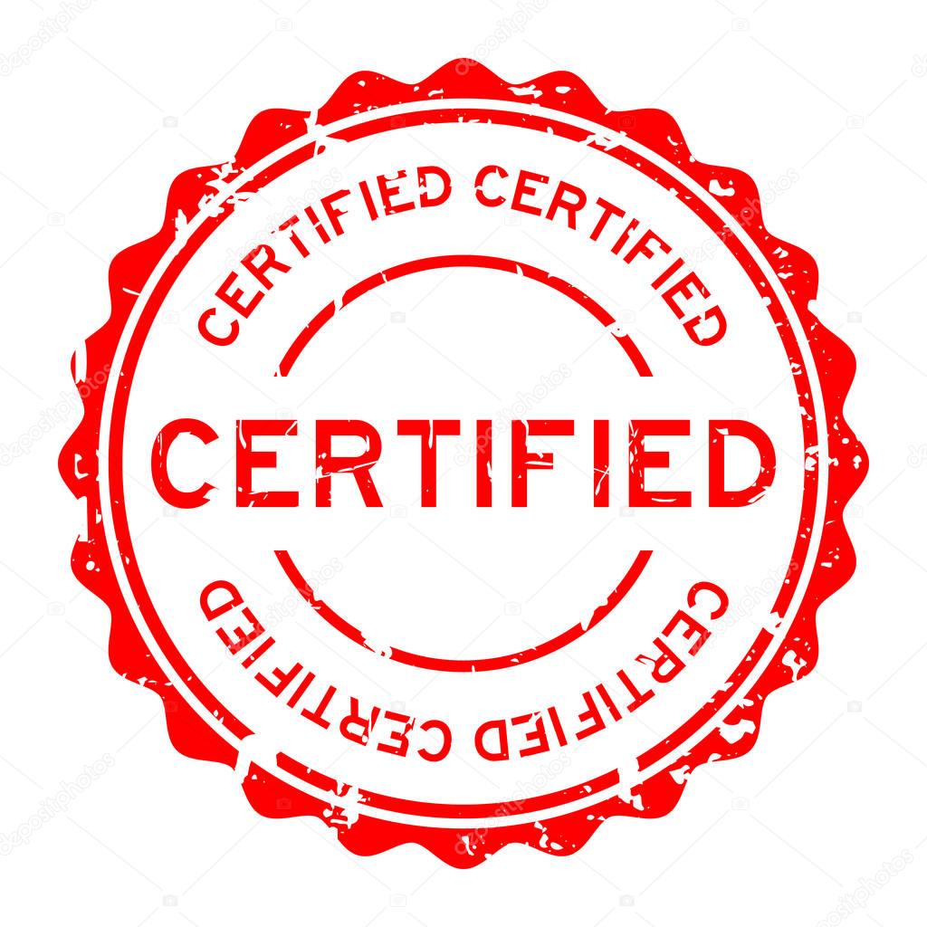 Grunge red certified round rubber seal stamp on white background