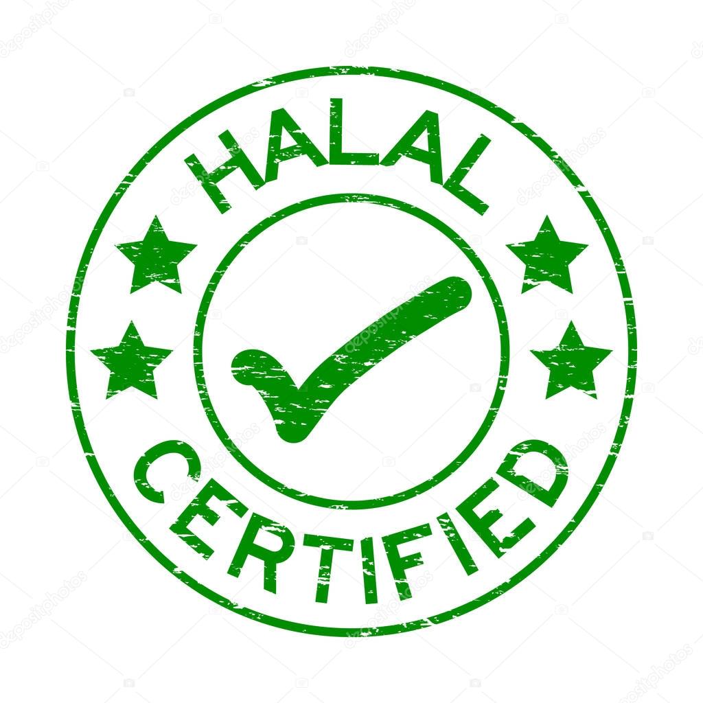 Grunge green Halal certified with mark icon round rubber seal stamp on white background