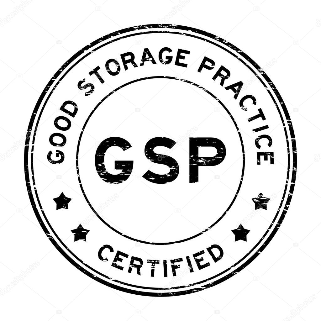 Grunge black GSP (Good storage practice) certified round rubber seal stamp on white background