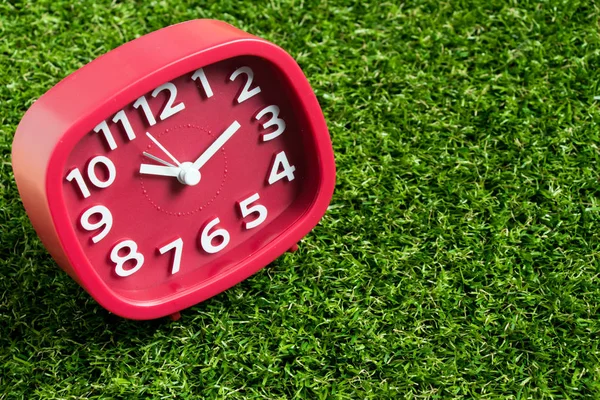 Red analog clock on artificial green grass background — Stock Photo, Image