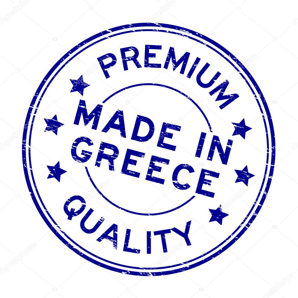Grunge blue premium quality made in Greece round rubber seal stamp on white background