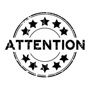 Grunge siyah dikkat yıldız simgesi ile yuvarlak lastik damgası beyaz arka plan üzerinde