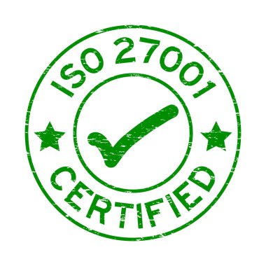 Yuvarlak lastik mühür damgası beyaz zemin üzerine yeşil Grunge ISO 27001 sertifikalı