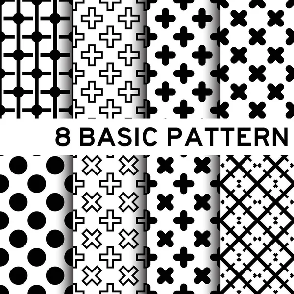 8 egyszerű fekete-fehér színes geometrikus minta — Stock Vector