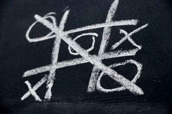 Tic Tac Toe çizim ile kazanan ve kaybeden şekli kara tahta arka plan üzerinde beyaz tebeşir