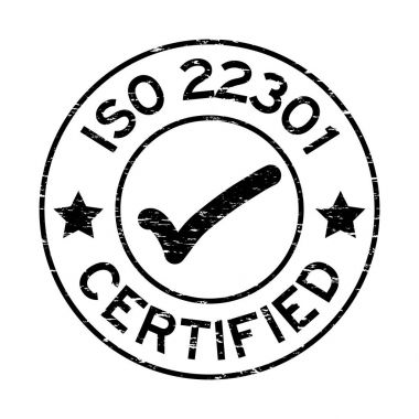 Grunge siyah ISO 22301 yuvarlak lastik mühür damgası beyaz arka plan üzerinde sertifikalı