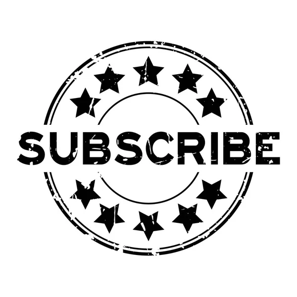 Grunge siyah lastik mühür damgası beyaz arka plan üzerinde yuvarlak yıldız simgesi ile abone — Stok Vektör
