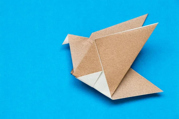 Papel de origami marrón en forma de ave voladora sobre fondo azul — Foto de Stock