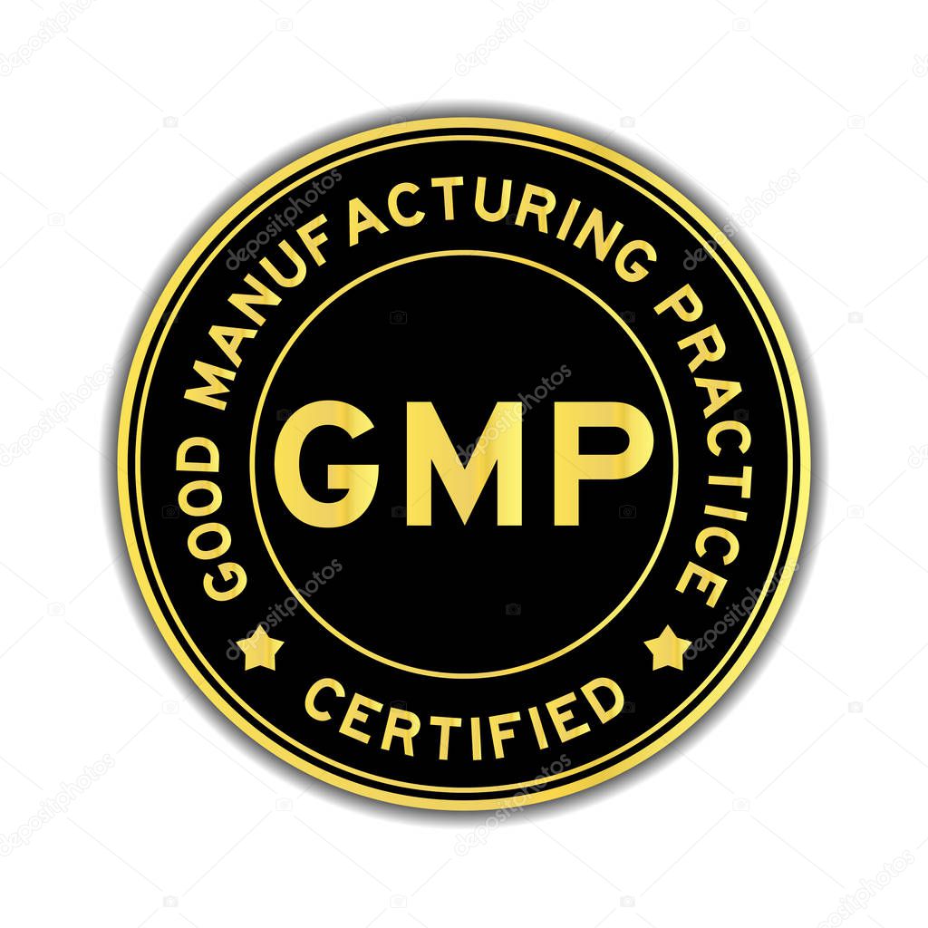Black and gold color GMP (Good Manufacturing Practice) certified round sticker on white background