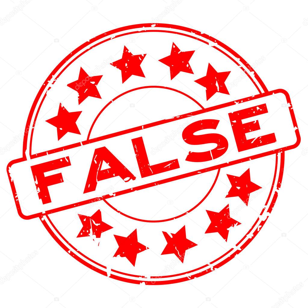 Grunge red false wording with star icon round rubber seal stamp on white background