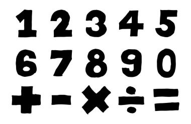 Siyah renk el numarası ve matematik sembol (artı, eksi çarpma, bölme işareti) beyaz arka plan üzerinde çizimi