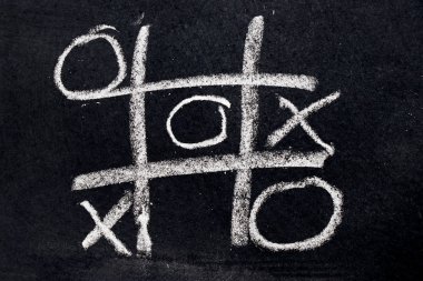 Tic Tac Toe çizim ile kazanan ve kaybeden şekli kara tahta arka plan üzerinde beyaz tebeşir