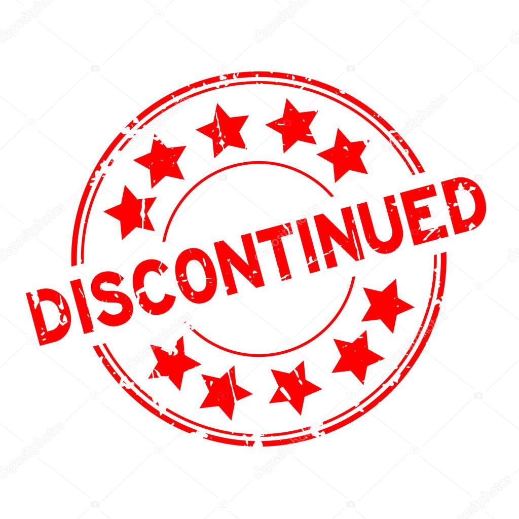 Grunge red discontinued with star icon round rubber stamp on white background
