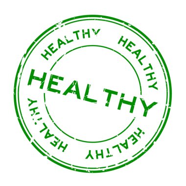 Grunge yeşil sağlıklı yuvarlak lastik mühür damgası beyaz arka plan üzerinde