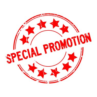 Grunge kırmızı özel promosyon yıldız simgesi ile yuvarlak lastik damgası beyaz arka plan üzerinde 