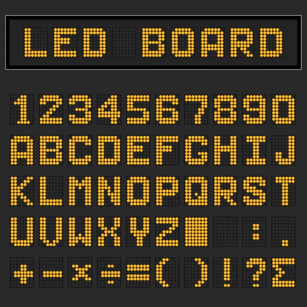 Caratteri maiuscoli, numeri e simboli matematici digitali arancioni LED su sfondo nero — Vettoriale Stock