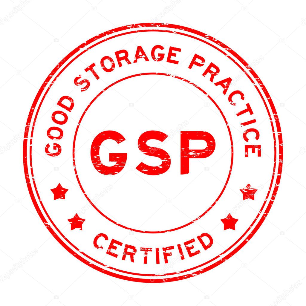 Grunge red GSP (Good storage practice) certified round rubber seal stamp on white background