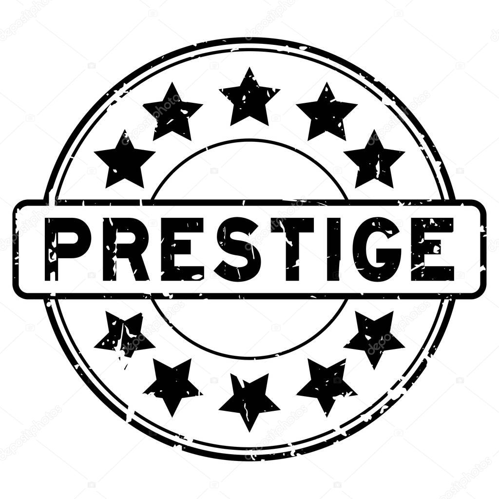 Grunge black prestige with star icon round rubber seal stamp on white background