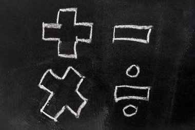Beyaz tebeşir temel matematik sembol (eksi artı çarpma bölme) kara tahta arka plan üzerinde çizim