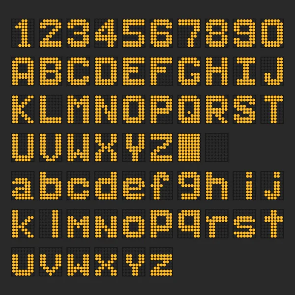 Maiuscolo digitale inglese arancione LED, carattere minuscolo, visualizzazione del numero su sfondo nero — Vettoriale Stock