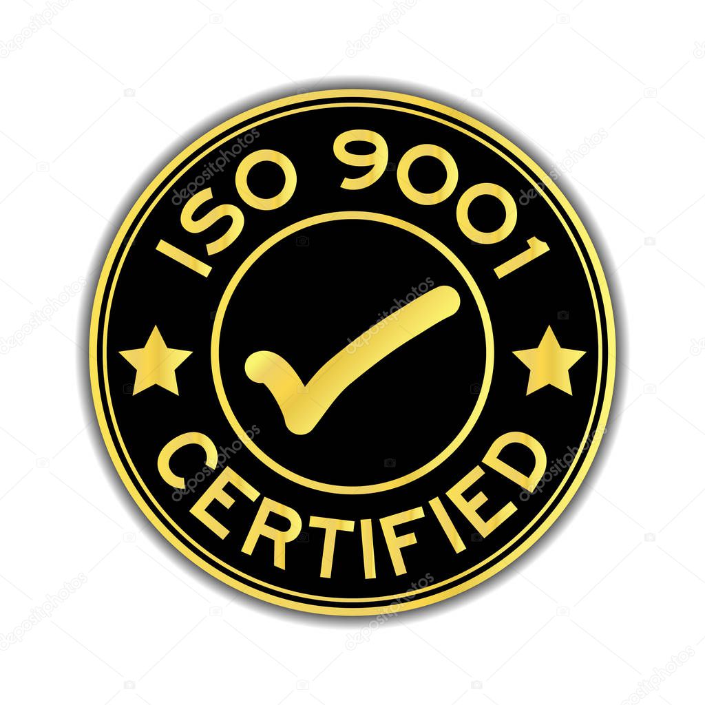 Black and gold color ISO 9001 certified with mark icon round sticker on white background