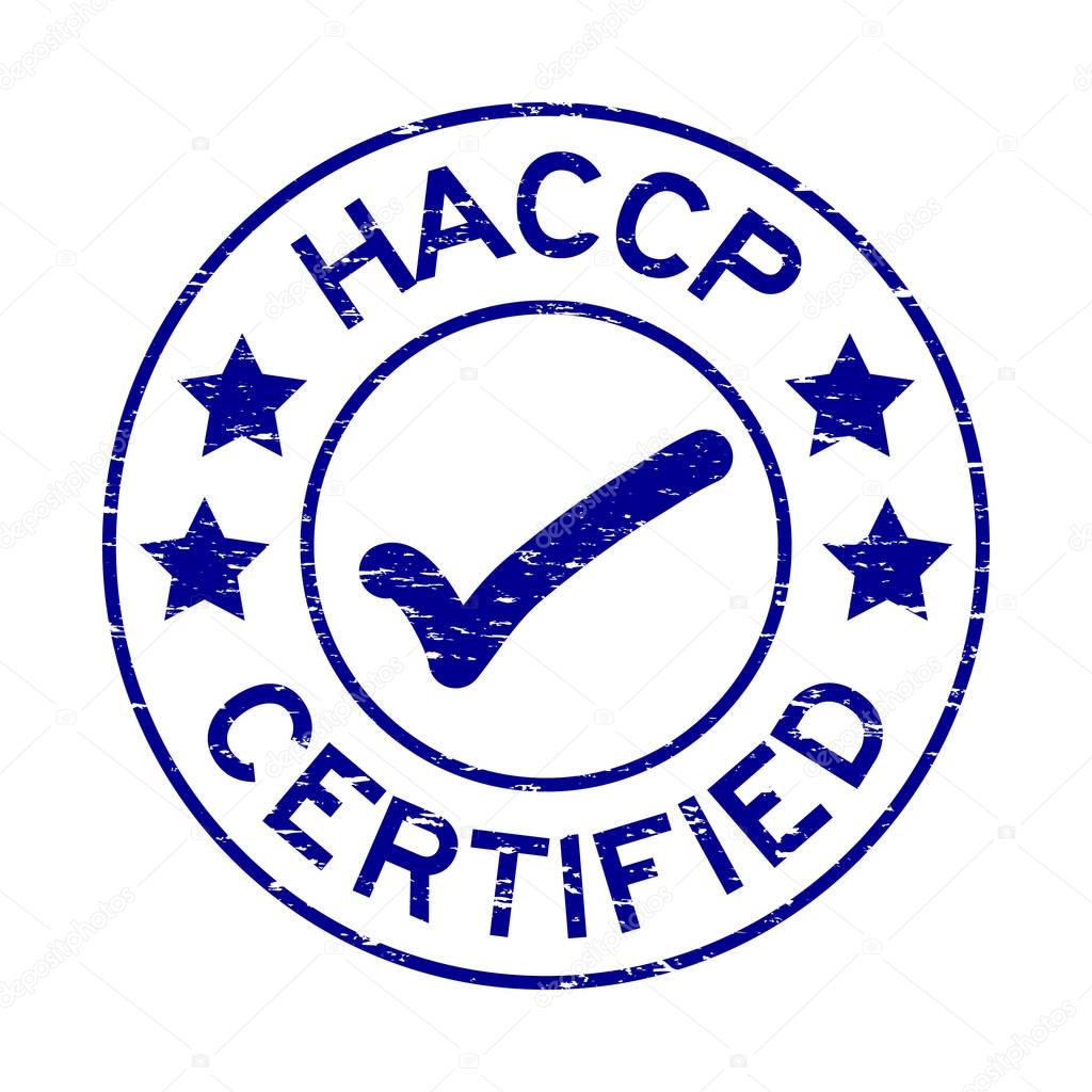 Grunge blue HACCP (Hazard Analysis Critical Control Point ) certified round rubber stamp on white background