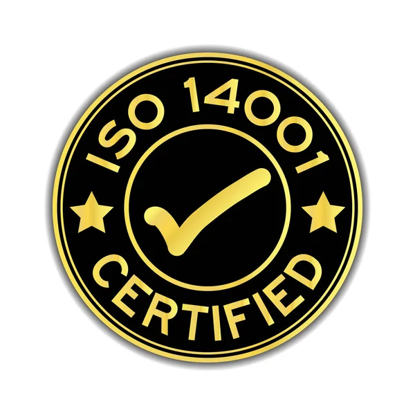 Siyah ve altın renkli ISO 14001 sertifikalı işareti simgesiyle yuvarlak beyaz arka plan üzerinde etiket