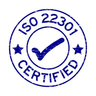 Grunge mavi ISO 22301 yuvarlak lastik mühür damgası beyaz arka plan üzerinde sertifikalı