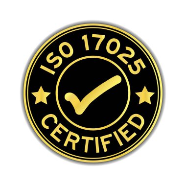 Siyah ve altın renkli ISO 17025 işareti simgesiyle sertifikalı yuvarlak beyaz arka plan üzerinde etiket