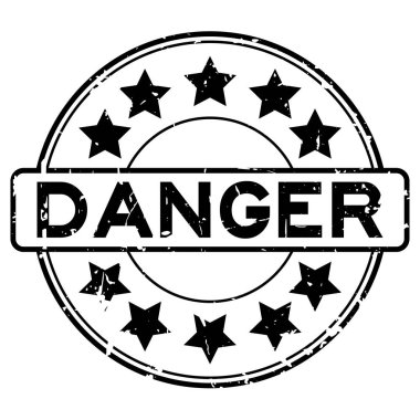 Grunge siyah tehlike ifadeler yıldız simgesi ile yuvarlak lastik mühür damgası beyaz arka plan üzerinde