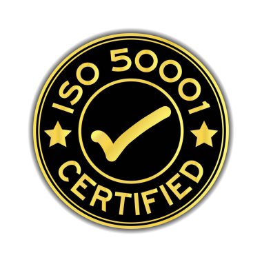 Siyah ve altın renkli ISO 50001 işareti simgesiyle sertifikalı yuvarlak beyaz arka plan üzerinde etiket