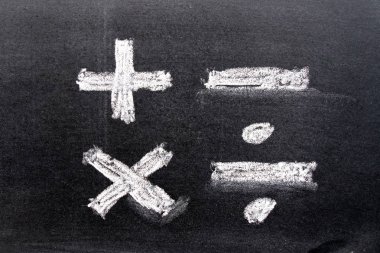 El Beyaz tebeşir Matematik sembolü şekil çizimi (artı, eksi, çarpma, bölme) kara tahta arka plan üzerinde