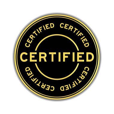 Siyah ve altın rengi yuvarlak mühür etiket üzerinde beyaz backgroundi ifadeler sertifikalı