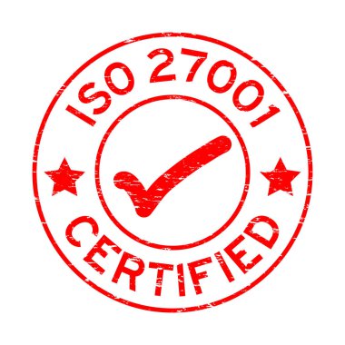 Yuvarlak lastik mühür damgası beyaz üzerine kırmızı Grunge ISO 27001 sertifikalı 