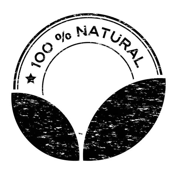 Grunge schwarz 100 Prozent natürlich mit Blatt-Symbol runden Gummidichtungsstempel auf weißem Hintergrund — Stockvektor