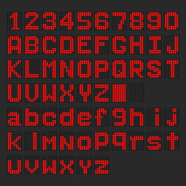 Kırmızı Led dijital İngiliz alfabesindeki büyük harf, küçük harf font, numara görüntüleme — Stok Vektör