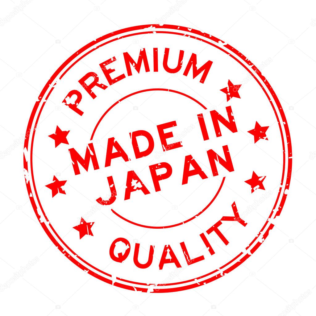 Grunge premium quality made in japan round rubber stamp on white background