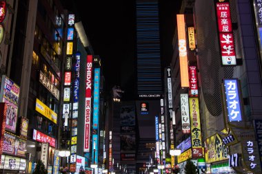 Tokyo, Japonya - 24 Nisan 2017: Kabukicho bölgesinin Tokyo Japonya'nın gece cadde görünümü. Kabukicho hotel gracery, eğlence ve bar godzilla başında var sokağım.