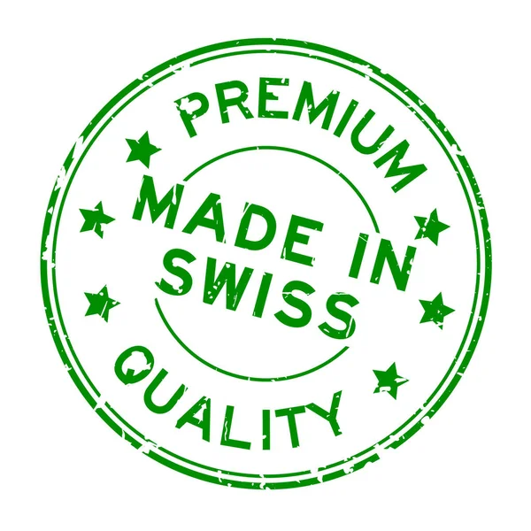 Grugne qualidade premium verde feita no selo de borracha redonda suíço no fundo branco — Vetor de Stock