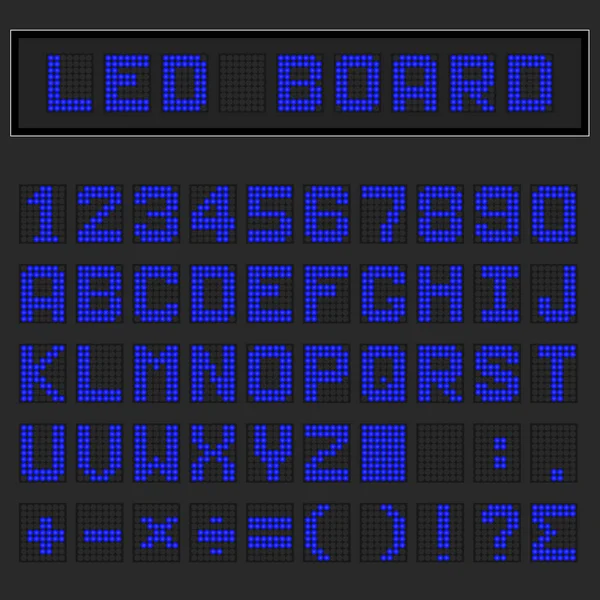 Caratteri maiuscoli, numeri e simboli matematici digitali blu LED su sfondo nero — Vettoriale Stock