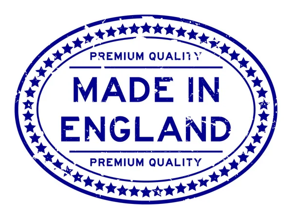 Grunge azul qualidade premium feita na Inglaterra oval selo de borracha no fundo branco — Vetor de Stock